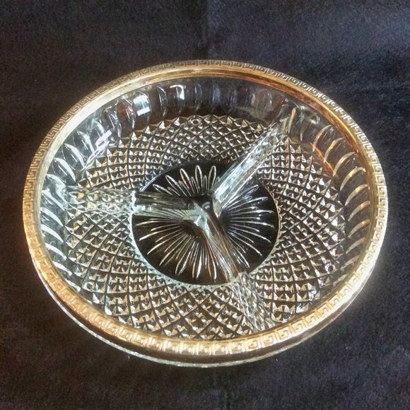 Lead Crystal Divided Plate Dish Metal Rim Serving Tray Classic Dinnerware - Picture 1 of 5